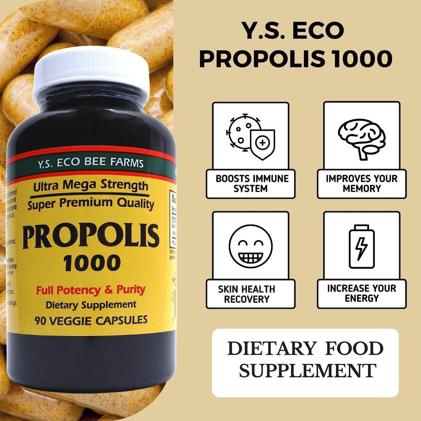Y.S. Organic Bee Farms Propolis-Raw Unprocessed 1000mg - Your Gateway to Wellness - 90 Capsules with Bonus worldwidenutrition Multi Purpose Key Chain - Maple Wellness Supplements