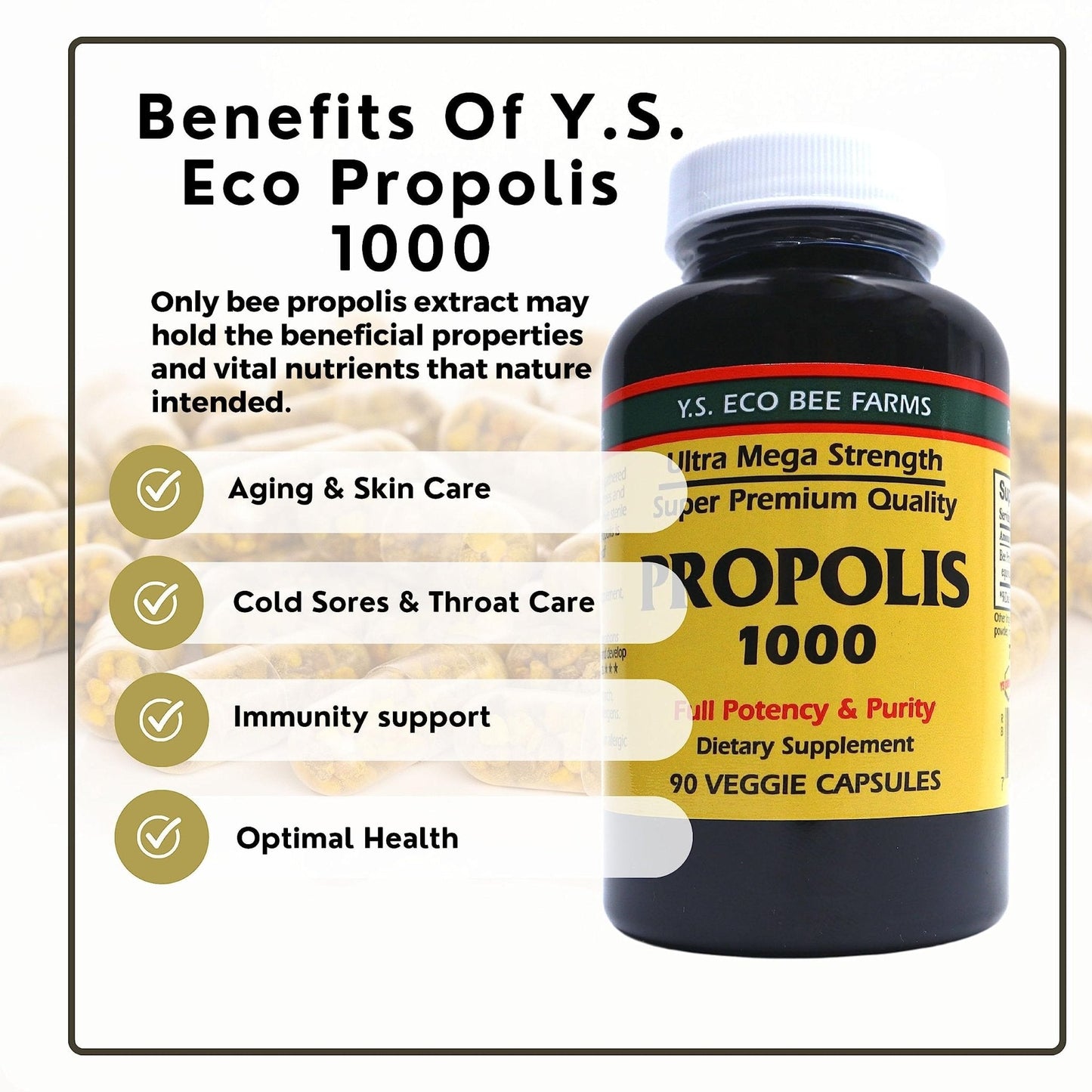Y.S. Organic Bee Farms Propolis-Raw Unprocessed 1000mg - Your Gateway to Wellness - 90 Capsules with Bonus worldwidenutrition Multi Purpose Key Chain - Maple Wellness Supplements