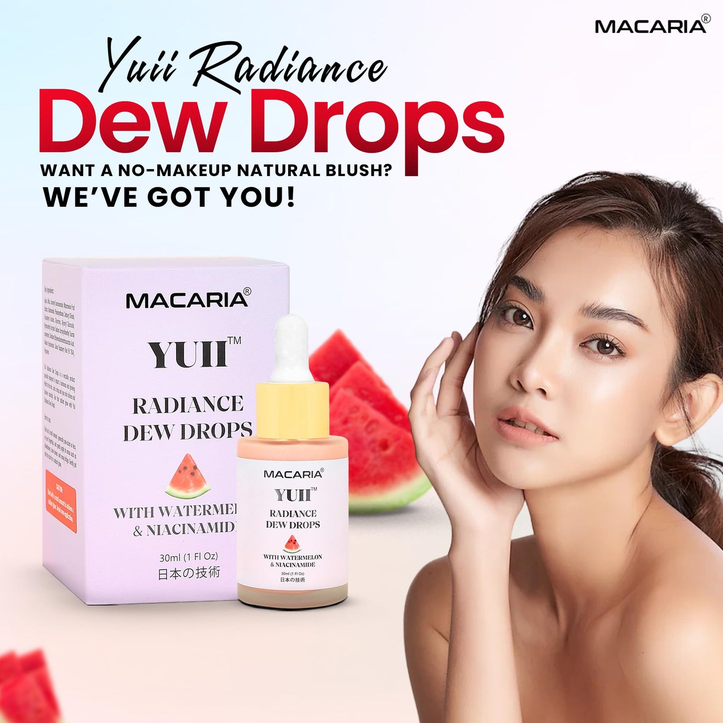 Yuii Niacinamide Serum Dew Drops - Face Moisturizer with Watermelon Fruit Extract - Glow Drops for Skincare and Makeup - Hydrating Formula for Radiant Skin - Pink Finish for Women & Girls - Maple Wellness Supplements