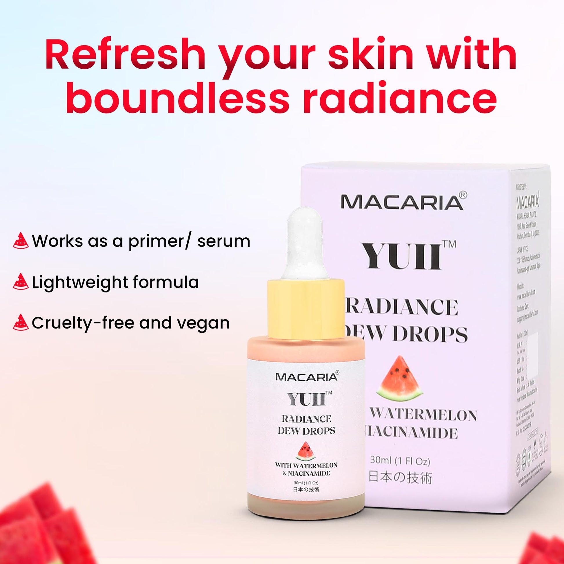Yuii Niacinamide Serum Dew Drops - Face Moisturizer with Watermelon Fruit Extract - Glow Drops for Skincare and Makeup - Hydrating Formula for Radiant Skin - Pink Finish for Women & Girls - Maple Wellness Supplements