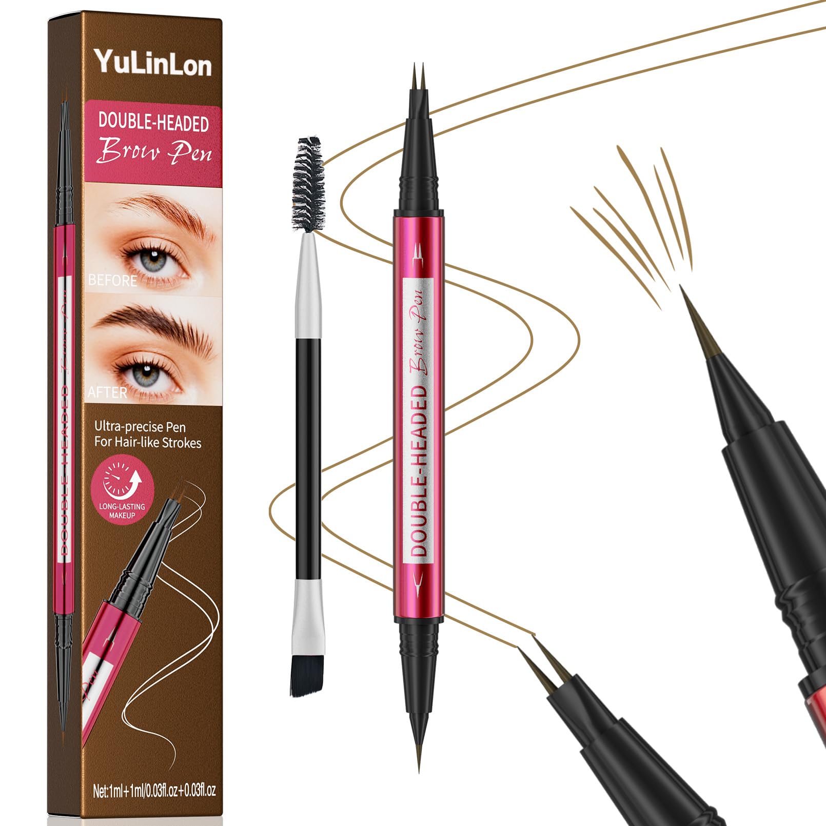 YuLinLon Double-Headed Brow Pen, Ultra-Precise Hair-Like Strokes, Long-Lasting Waterproof Makeup, Available in 5 Natural Shades (3Dark Brown) - Maple Wellness Supplements