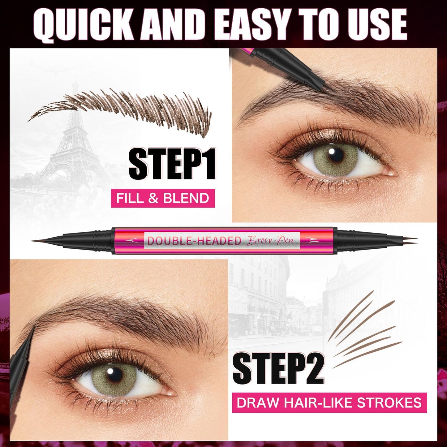 YuLinLon Double-Headed Brow Pen, Ultra-Precise Hair-Like Strokes, Long-Lasting Waterproof Makeup, Available in 5 Natural Shades (3Dark Brown) - Maple Wellness Supplements