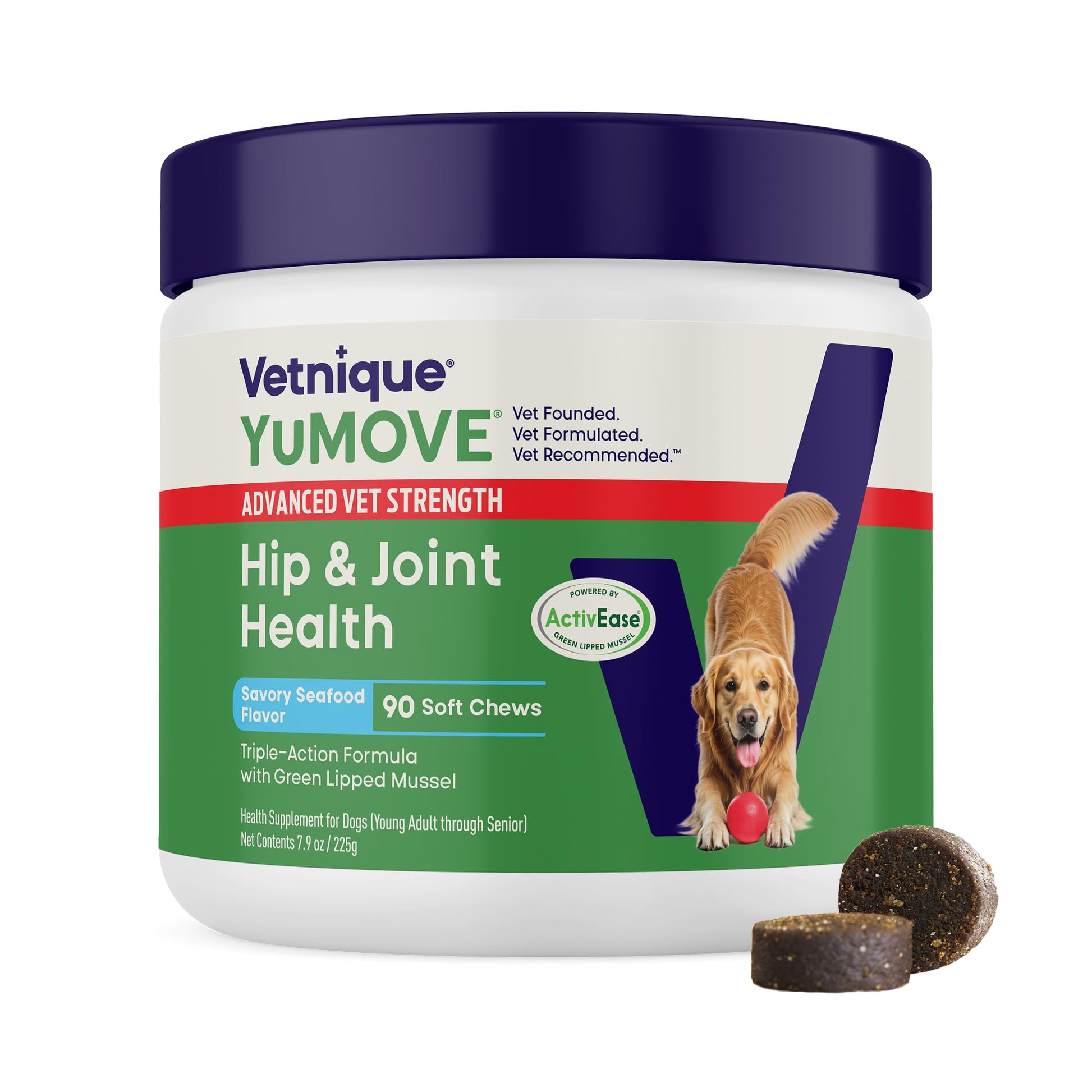 Yumove Hip & Joint Supplement for Dogs with Glucosamine, Hyaluronic Acid, Green Lipped Mussel & Omega 3 Joint Supplement - Regular or Advanced Strength (90 Count, Advanced Vet Strength Soft Chews) - Maple Wellness Supplements