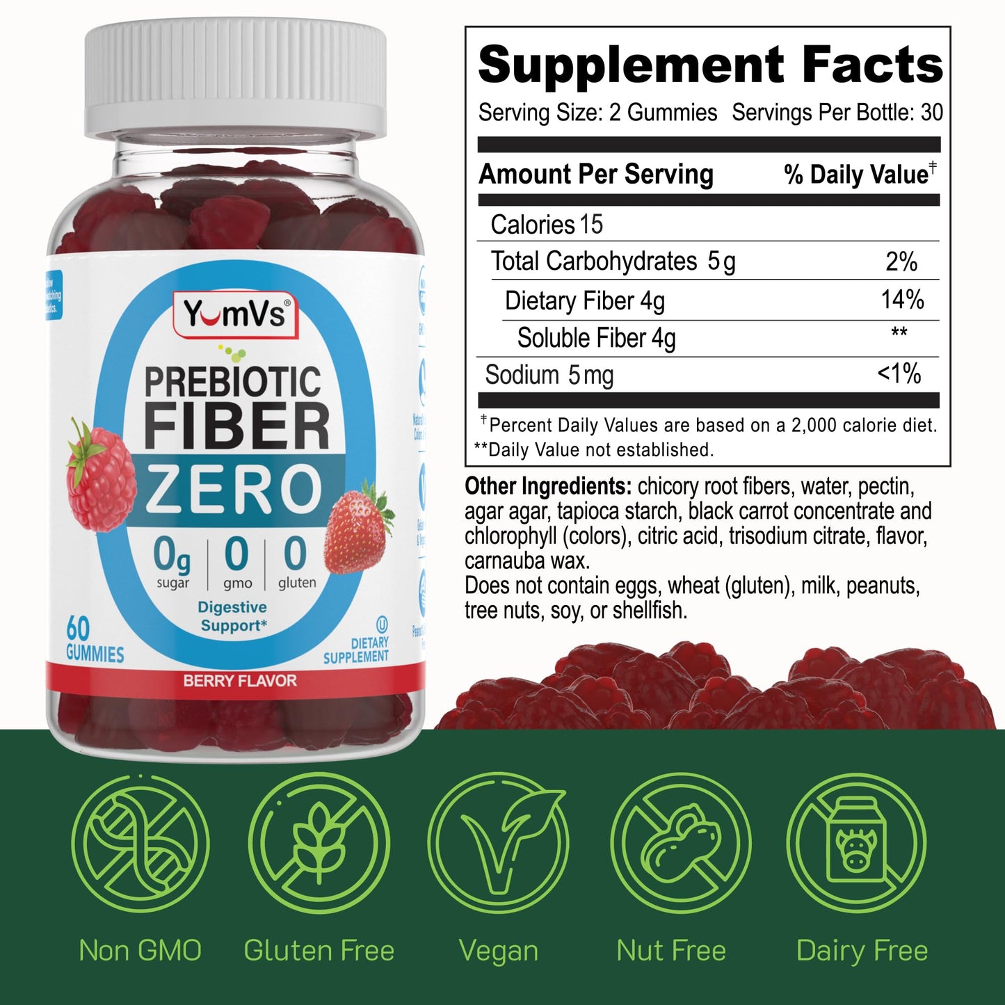 YumVs Sugar Free Prebiotic Fiber Gummies for Adults and Kids - Berry Flavor - Kosher Halal 4g High Fiber Supplement for Women and Men - Maple Wellness Supplements