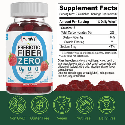 YumVs Sugar Free Prebiotic Fiber Gummies for Adults and Kids - Berry Flavor - Kosher Halal 4g High Fiber Supplement for Women and Men - Maple Wellness Supplements