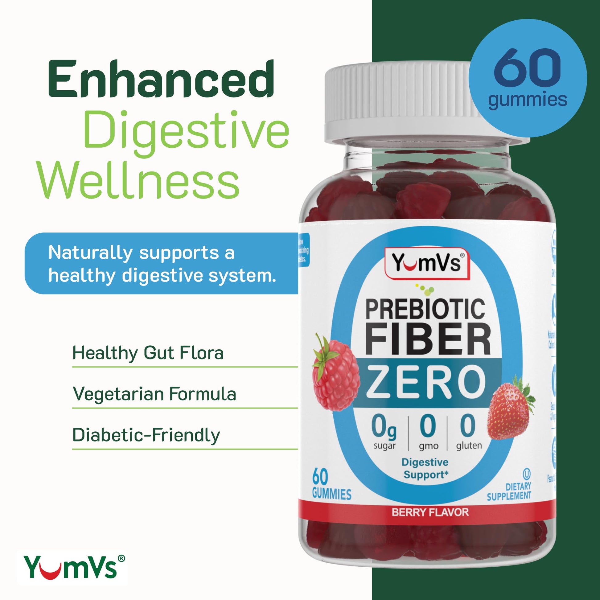 YumVs Sugar Free Prebiotic Fiber Gummies for Adults and Kids - Berry Flavor - Kosher Halal 4g High Fiber Supplement for Women and Men - Maple Wellness Supplements