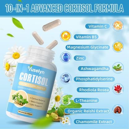 Yuselyn Cortisol Supplements for Women & Men, 10-in-1 Cortisol Detox Manager - High Cortisol Lowering Supplements with Magnesium, Ashwagandha & L-Theanine for Balanced Calm & Stress Relief - Maple Wellness Supplements