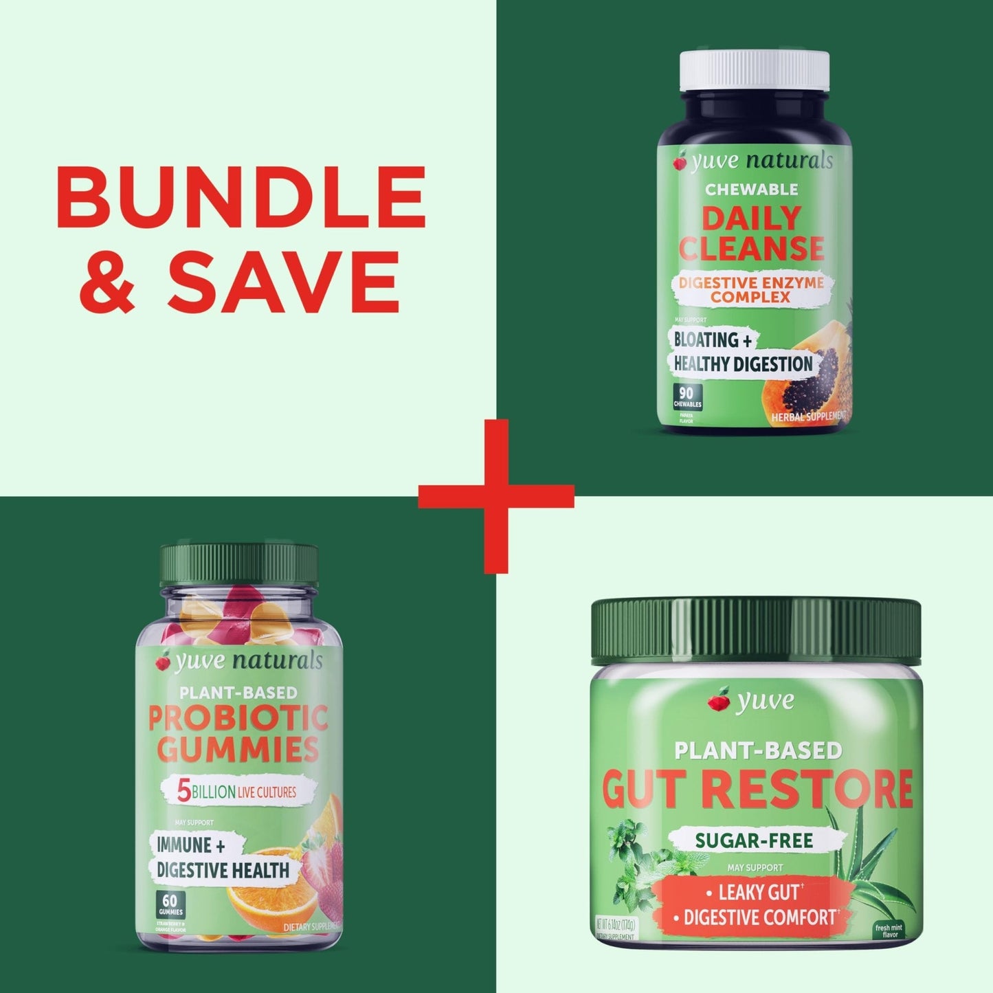 Yuve Natural Sugar Free Probiotic Gummies 5 Billion CFU, Helps with Constipation, Bloating & Leaky Gut - Vegan, Gluten-Free & Non-GMO - 60ct - Maple Wellness Supplements