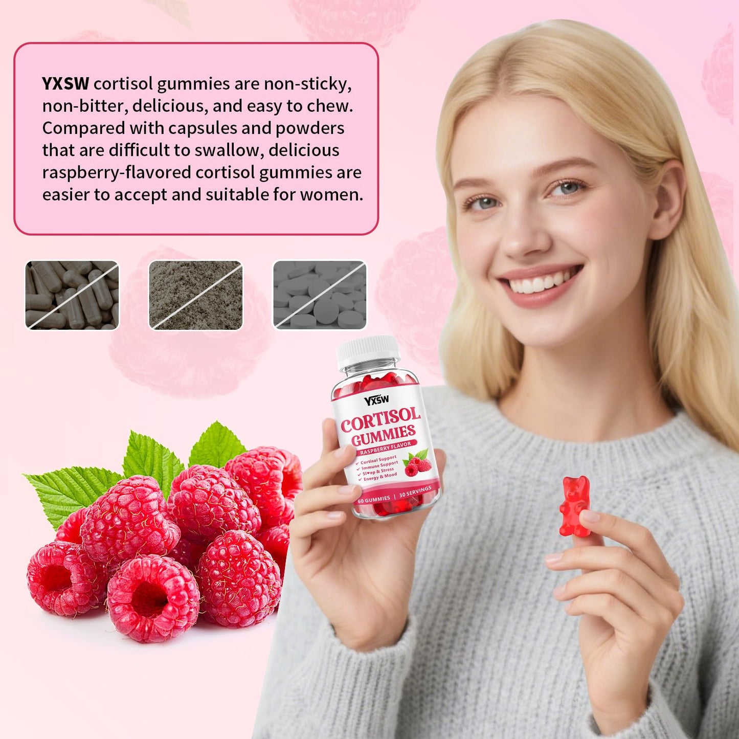 YXSW Cortisol Supplements Gummies for Women Sugar-Free Cortisol Gummies with Magnesium Glycinate Ashwagandha Rhodiola Rose for Relaxation, Focus, Zzz Support, Raspberry Flavor, 60 Count - Maple Wellness Supplements