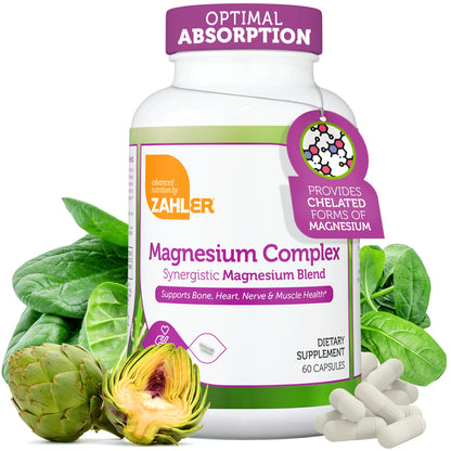 Zahler Magnesium Complex Supplement - Multi Magnesium Supplement Blend with Magnesium Glycinate, Malate, Aspartate, Taurinate and Oxide Plus Vitamin B6 - Bone Nerve Heart & Muscle Health (60 Capsules) - Maple Wellness Supplements