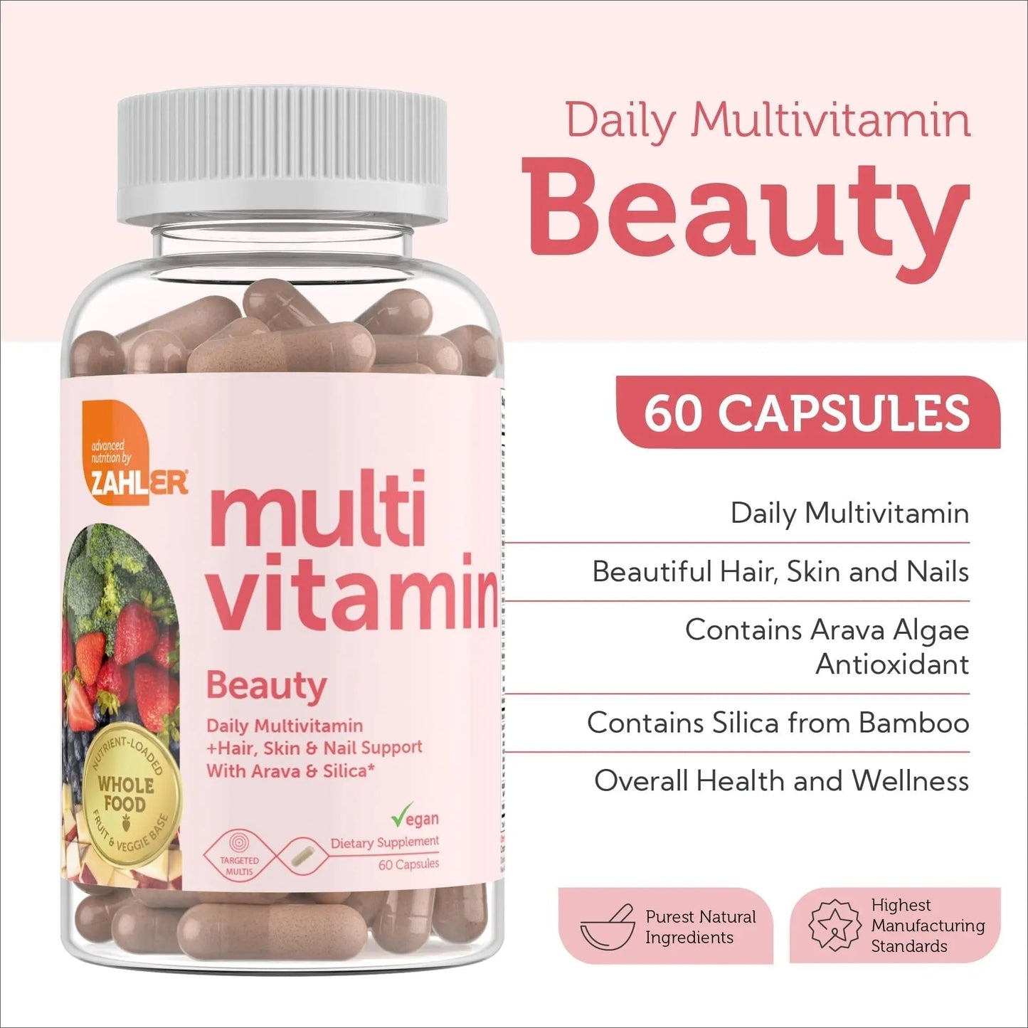 Zahler Multivitamin Beauty + Skin Hair and Nails Support, Multivitamin for Women and Men with Iron, Certified Kosher, 60 Capsules - Maple Wellness Supplements
