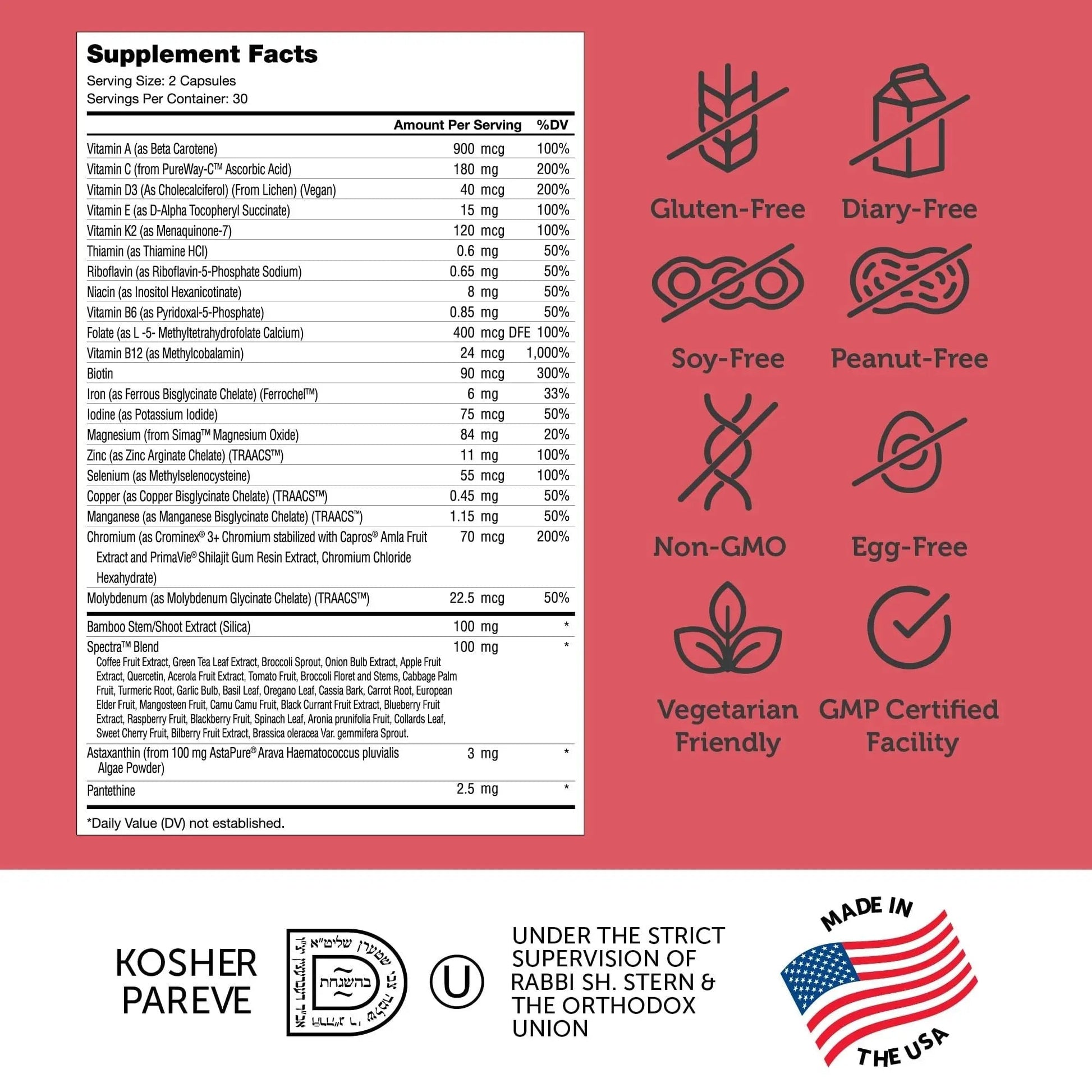 Zahler Multivitamin Beauty + Skin Hair and Nails Support, Multivitamin for Women and Men with Iron, Certified Kosher, 60 Capsules - Maple Wellness Supplements