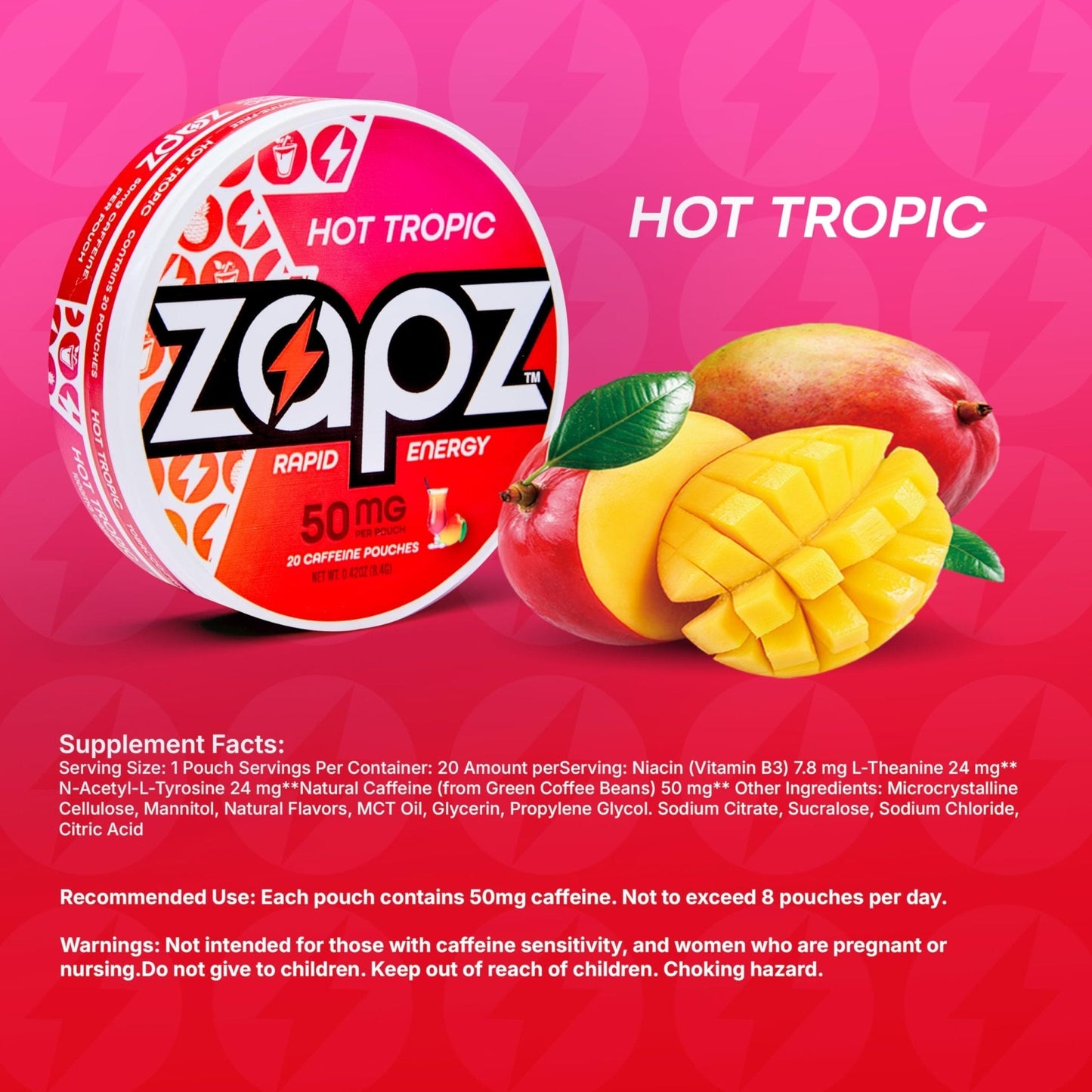 ZAPZ Caffeine Pouches, Hot Tropic, 5 Cans x 20 Count, Energy Pouches with 50mg Caffeine, Nootropic Focus Support, Niacin, L-Theanine, L-Tyrosine, Sugar Free, No Coffee Grinds - Maple Wellness Supplements
