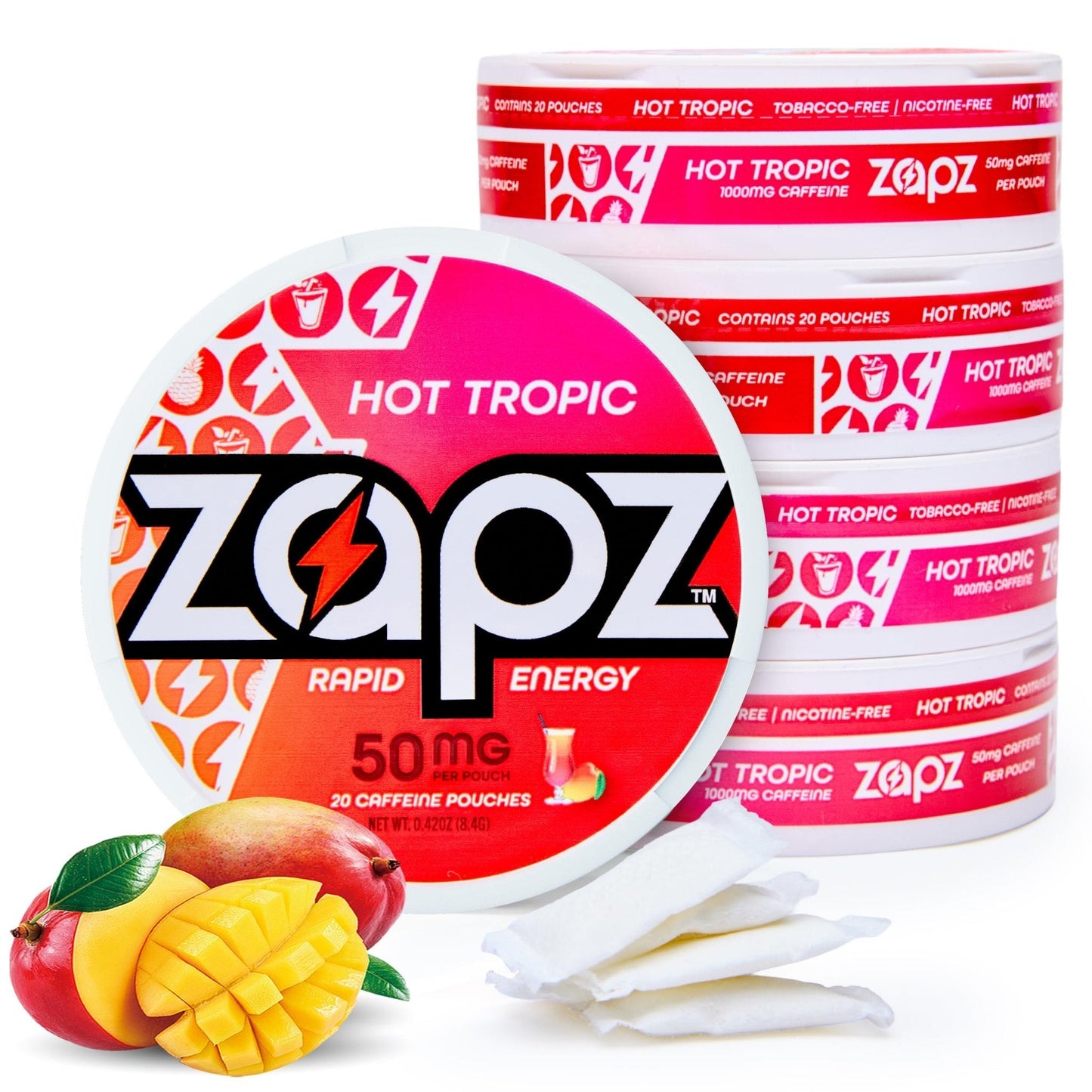 ZAPZ Caffeine Pouches, Hot Tropic, 5 Cans x 20 Count, Energy Pouches with 50mg Caffeine, Nootropic Focus Support, Niacin, L-Theanine, L-Tyrosine, Sugar Free, No Coffee Grinds - Maple Wellness Supplements