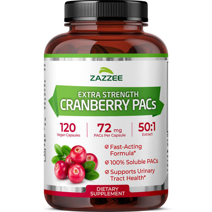 Zazzee Cranberry PACs 72 mg per Capsule, 50:1 Extract, 120 Vegan Capsules, 2X Strength, 4 Month Supply, Fast-Acting, Effective Urinary Tract & Bladder Support - Maple Wellness Supplements