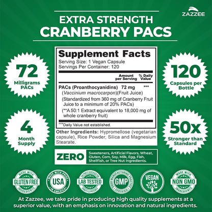 Zazzee Cranberry PACs 72 mg per Capsule, 50:1 Extract, 120 Vegan Capsules, 2X Strength, 4 Month Supply, Fast-Acting, Effective Urinary Tract & Bladder Support - Maple Wellness Supplements