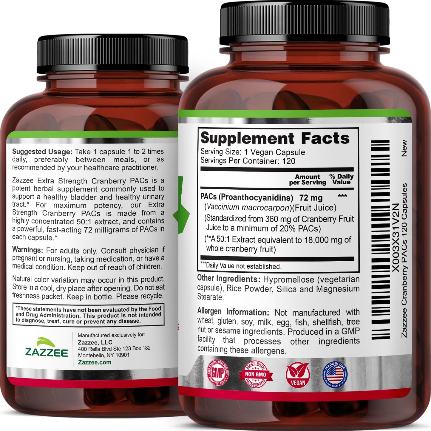Zazzee Cranberry PACs 72 mg per Capsule, 50:1 Extract, 120 Vegan Capsules, 2X Strength, 4 Month Supply, Fast-Acting, Effective Urinary Tract & Bladder Support - Maple Wellness Supplements