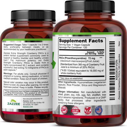 Zazzee Cranberry PACs 72 mg per Capsule, 50:1 Extract, 120 Vegan Capsules, 2X Strength, 4 Month Supply, Fast-Acting, Effective Urinary Tract & Bladder Support - Maple Wellness Supplements