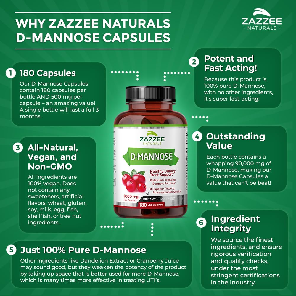 Zazzee D-Mannose, 1000 mg per Serving, 180 Vegan Capsules, 3 Month Supply, Potent - Maple Wellness Supplements