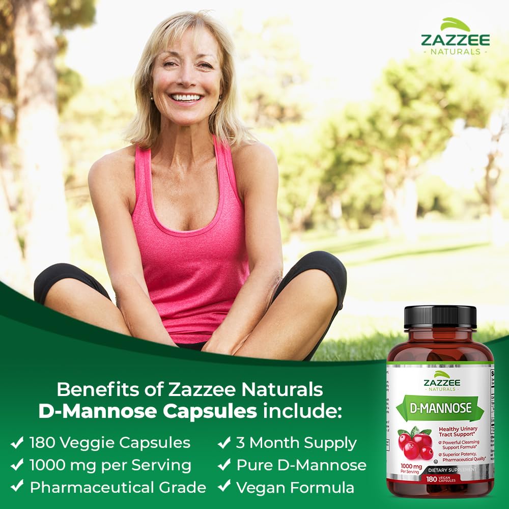 Zazzee D-Mannose, 1000 mg per Serving, 180 Vegan Capsules, 3 Month Supply, Potent - Maple Wellness Supplements
