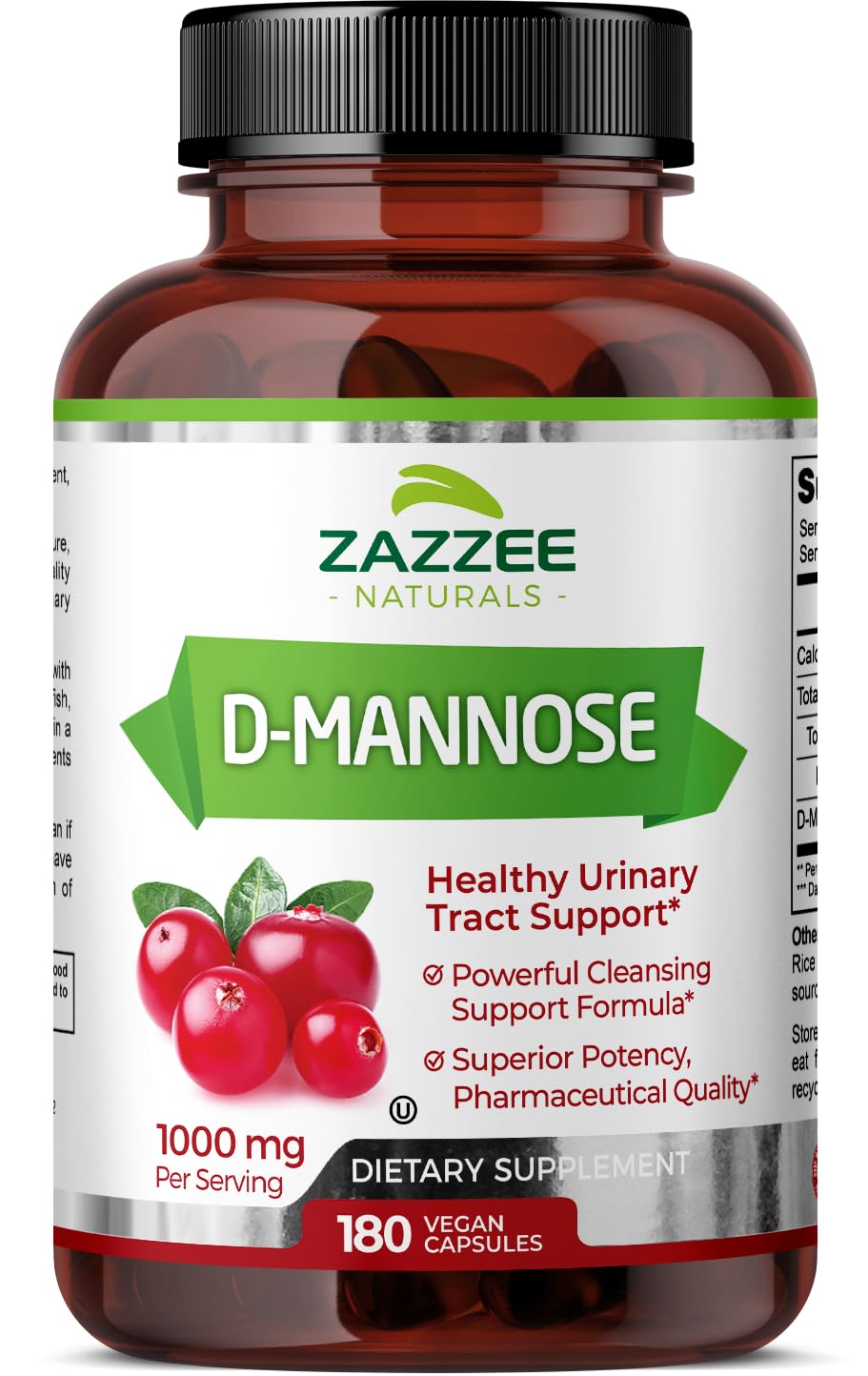 Zazzee D-Mannose, 1000 mg per Serving, 180 Vegan Capsules, 3 Month Supply, Potent - Maple Wellness Supplements