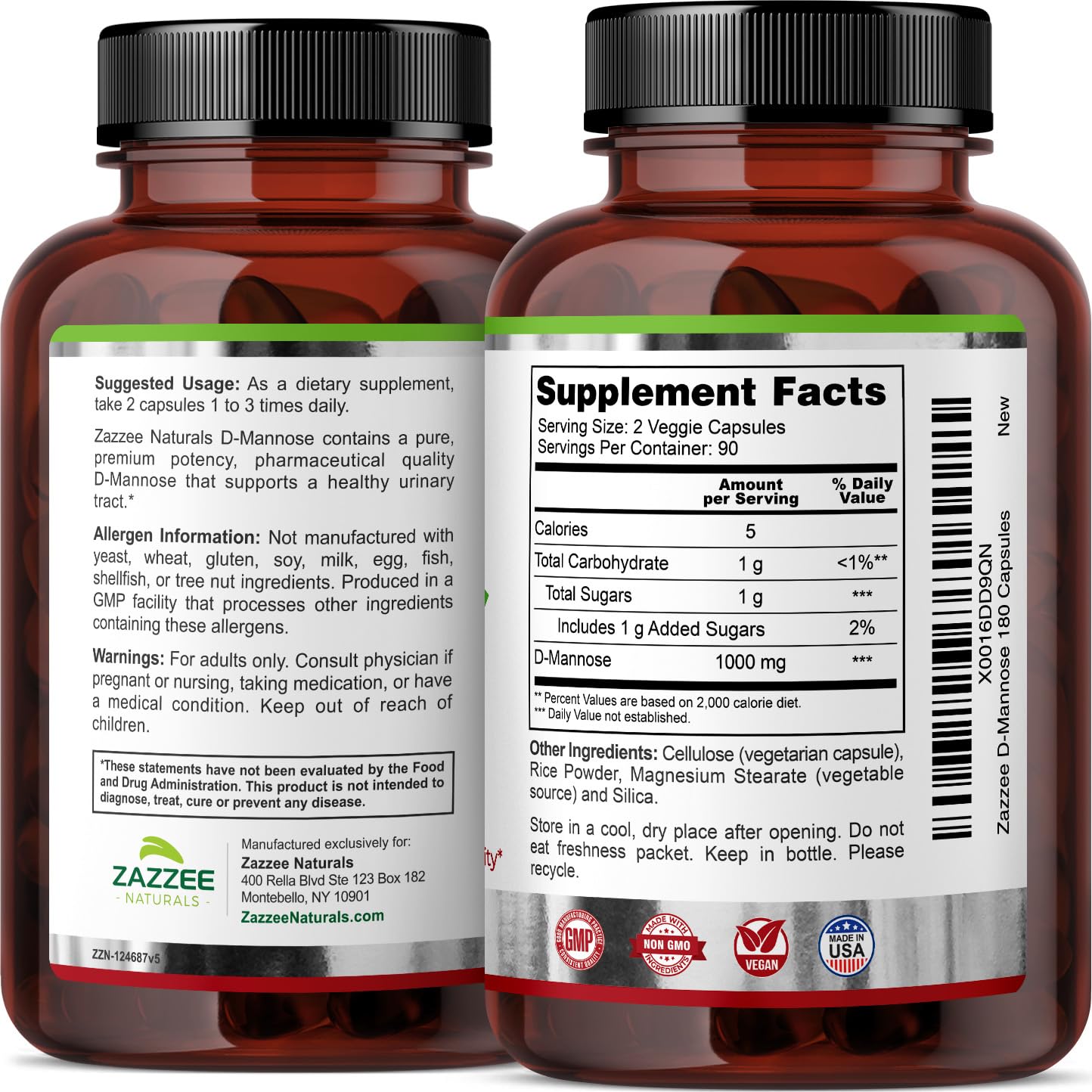 Zazzee D-Mannose, 1000 mg per Serving, 180 Vegan Capsules, 3 Month Supply, Potent - Maple Wellness Supplements