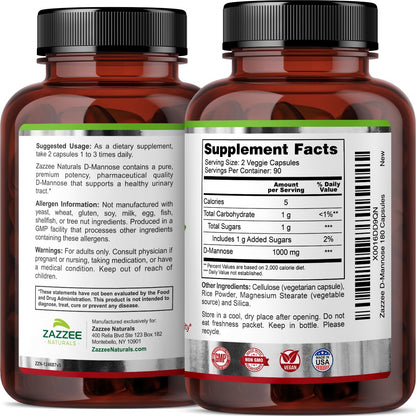 Zazzee D-Mannose, 1000 mg per Serving, 180 Vegan Capsules, 3 Month Supply, Potent - Maple Wellness Supplements