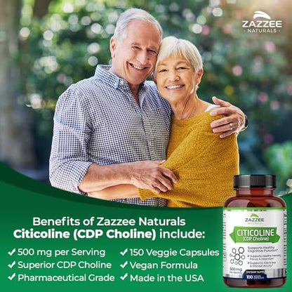Zazzee Extra Strength Citicoline CDP Choline, 500 mg per Serving, 100 Vegan Capsules - Maple Wellness Supplements