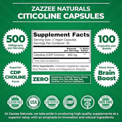 Zazzee Extra Strength Citicoline CDP Choline, 500 mg per Serving, 100 Vegan Capsules - Maple Wellness Supplements