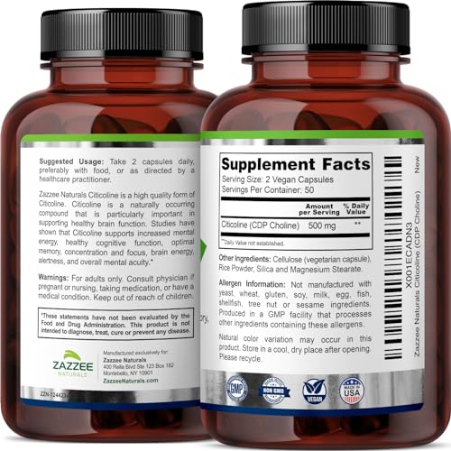 Zazzee Extra Strength Citicoline CDP Choline, 500 mg per Serving, 100 Vegan Capsules - Maple Wellness Supplements