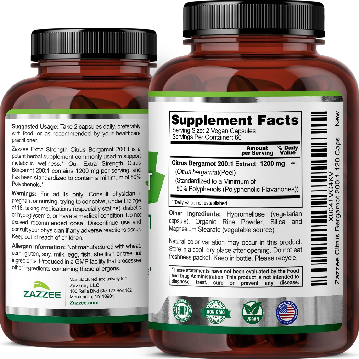 Zazzee Extra Strength Citrus Bergamot 200:1 Extract 1200 mg, 80% Polyphenols, 120 Vegan Capsules, Standardized 200X Potency - Maple Wellness Supplements