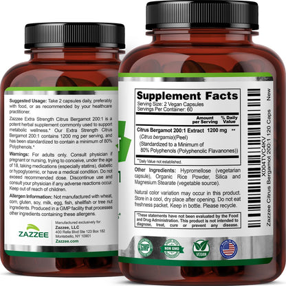 Zazzee Extra Strength Citrus Bergamot 200:1 Extract 1200 mg, 80% Polyphenols, 120 Vegan Capsules, Standardized 200X Potency - Maple Wellness Supplements