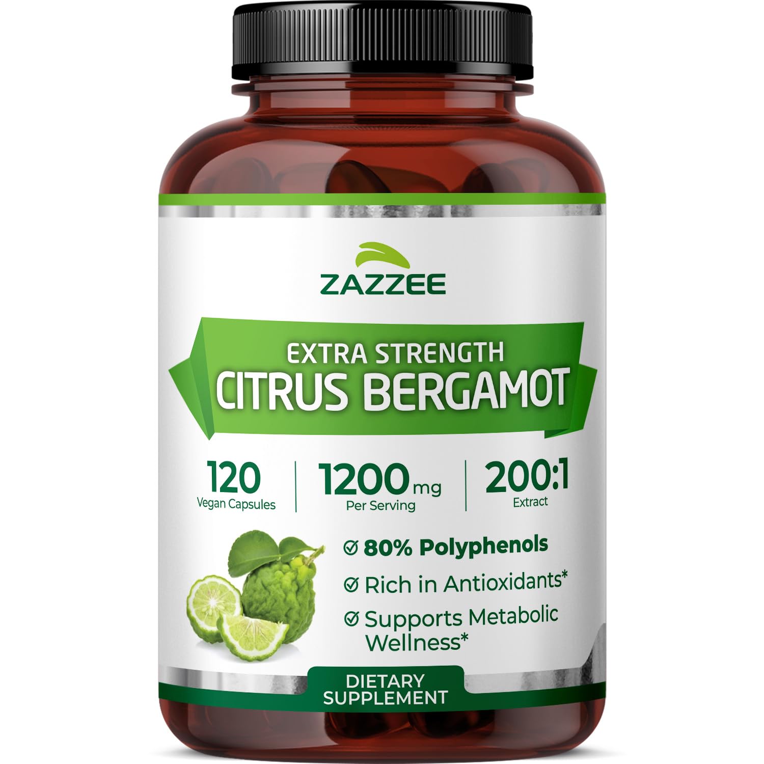 Zazzee Extra Strength Citrus Bergamot 200:1 Extract 1200 mg, 80% Polyphenols, 120 Vegan Capsules, Standardized 200X Potency - Maple Wellness Supplements