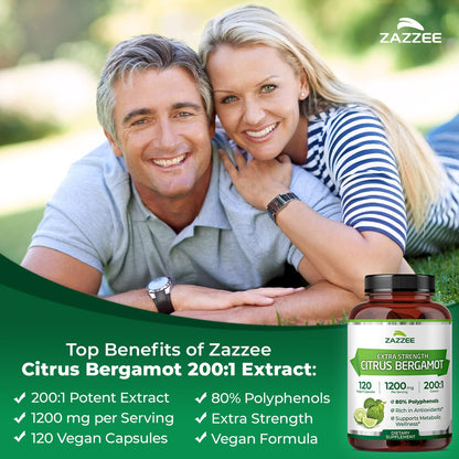 Zazzee Extra Strength Citrus Bergamot 200:1 Extract 1200 mg, 80% Polyphenols, 120 Vegan Capsules, Standardized 200X Potency - Maple Wellness Supplements