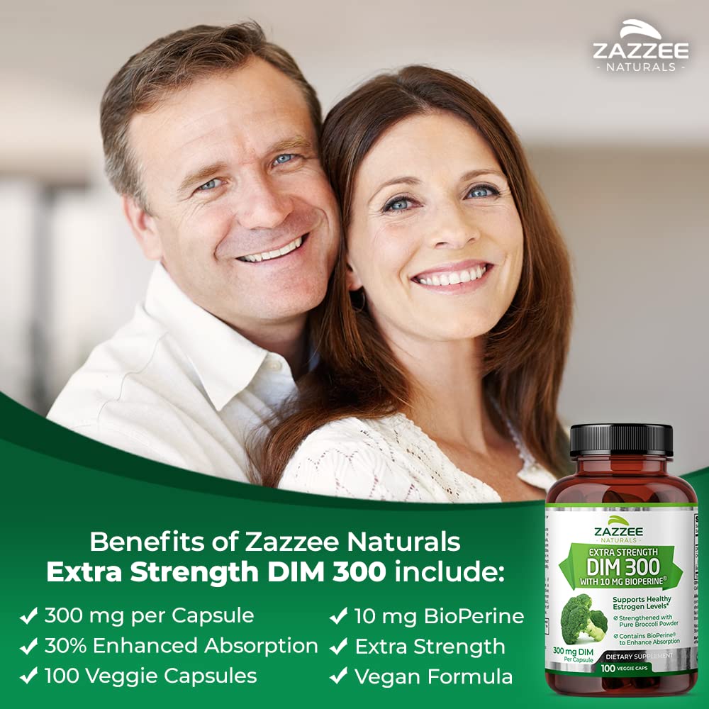 Zazzee Extra Strength DIM 300, 10 mg BioPerine and 300 mg DIM per Capsule, 100 Vegan - Maple Wellness Supplements