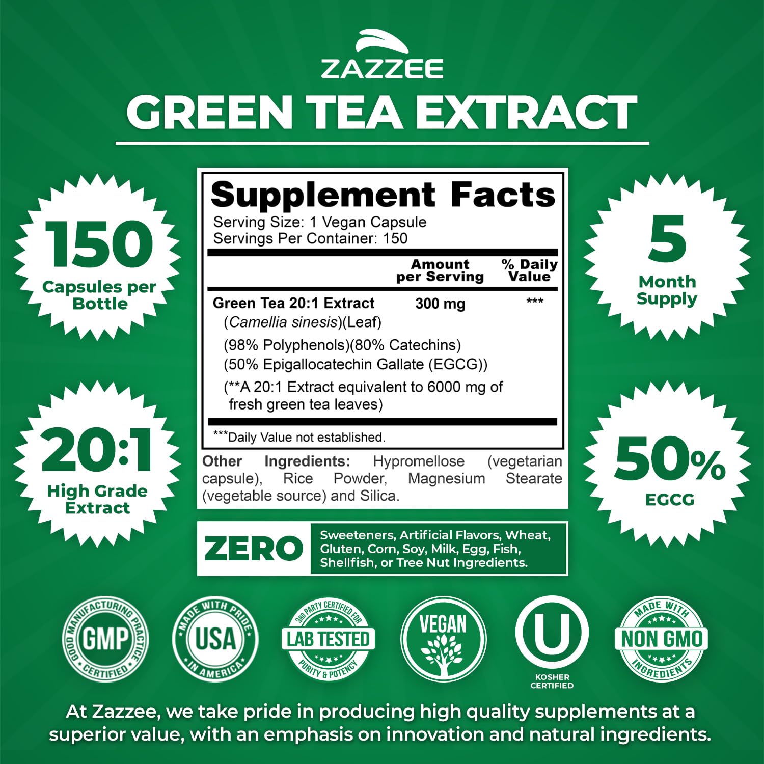 Zazzee Extra Strength Green Tea 20:1 Extract, 50% EGCG, 98% Polyphenols, 80% Catechins, 150 Vegan Capsules, 5 Month Supply, Certified Kosher - Maple Wellness Supplements