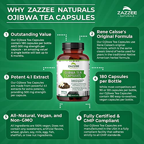 Zazzee Extra Strength Ojibwa Tea 500 mg, 180 Vegan Capsules, Rene Caisse's Original - Maple Wellness Supplements