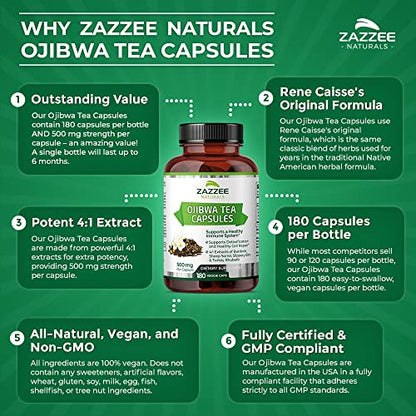 Zazzee Extra Strength Ojibwa Tea 500 mg, 180 Vegan Capsules, Rene Caisse's Original - Maple Wellness Supplements