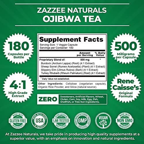 Zazzee Extra Strength Ojibwa Tea 500 mg, 180 Vegan Capsules, Rene Caisse's Original - Maple Wellness Supplements