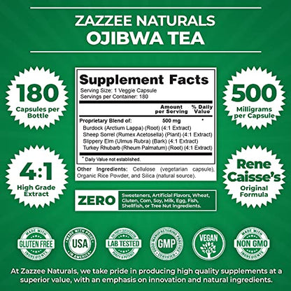 Zazzee Extra Strength Ojibwa Tea 500 mg, 180 Vegan Capsules, Rene Caisse's Original - Maple Wellness Supplements