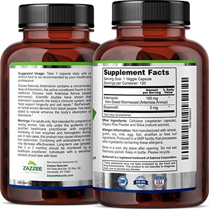 Zazzee High Absorption Artemisinin, 100 mg per Capsule, 120 Vegan Capsules, with 5 mg - Maple Wellness Supplements