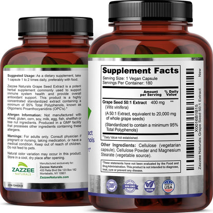 Zazzee High Strength Grape Seed 50:1 Extract, 180 Vegan Capsules, 95% Polyphenols, 400 mg per Capsule, 6 Month Supply, Antioxidant - Maple Wellness Supplements