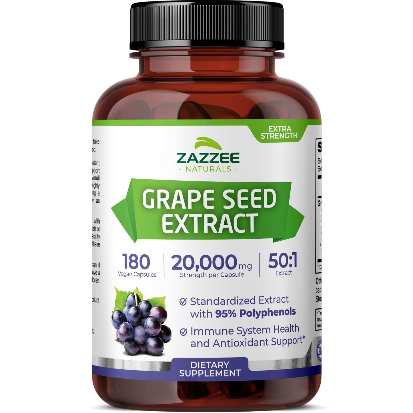 Zazzee High Strength Grape Seed 50:1 Extract, 180 Vegan Capsules, 95% Polyphenols, 400 mg per Capsule, 6 Month Supply, Antioxidant - Maple Wellness Supplements