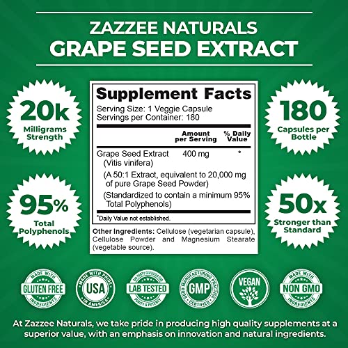Zazzee High Strength Grape Seed 50:1 Extract, 20,000 mg Strength, 180 Vegan Capsules - Maple Wellness Supplements