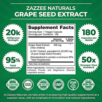 Zazzee High Strength Grape Seed 50:1 Extract, 20,000 mg Strength, 180 Vegan Capsules - Maple Wellness Supplements