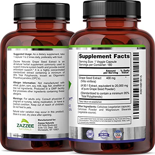 Zazzee High Strength Grape Seed 50:1 Extract, 20,000 mg Strength, 180 Vegan Capsules - Maple Wellness Supplements