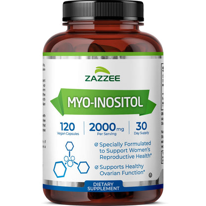 Zazzee Myo-Inositol Capsules, 2000 mg per Serving, 120 Vegan Capsules, Ideal Dosage for 40:1 Ratio, Certified Kosher, Hormone Balance & Healthy Ovarian - Maple Wellness Supplements