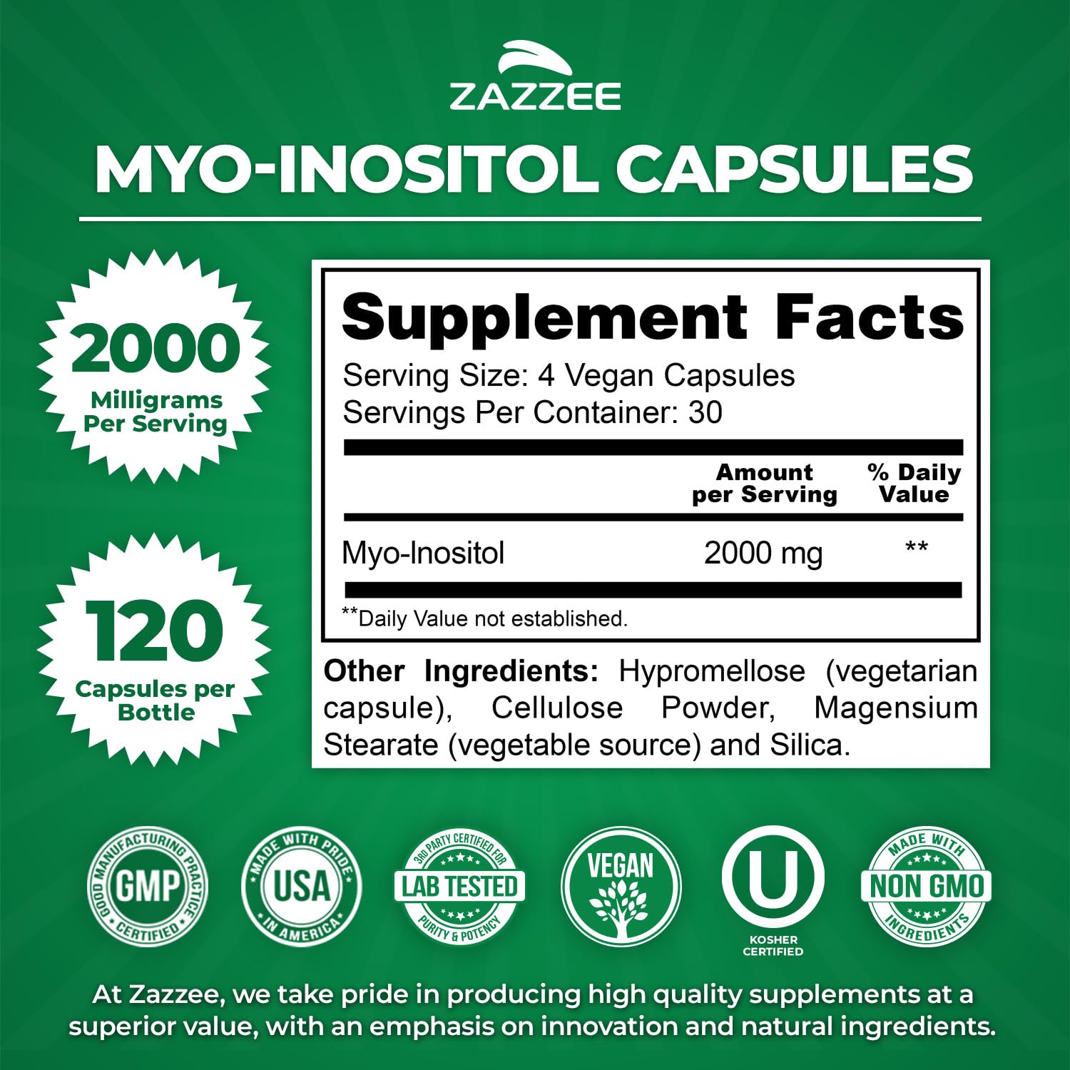 Zazzee Myo-Inositol Capsules, 2000 mg per Serving, 120 Vegan Capsules, Ideal Dosage for 40:1 Ratio, Certified Kosher, Hormone Balance & Healthy Ovarian - Maple Wellness Supplements