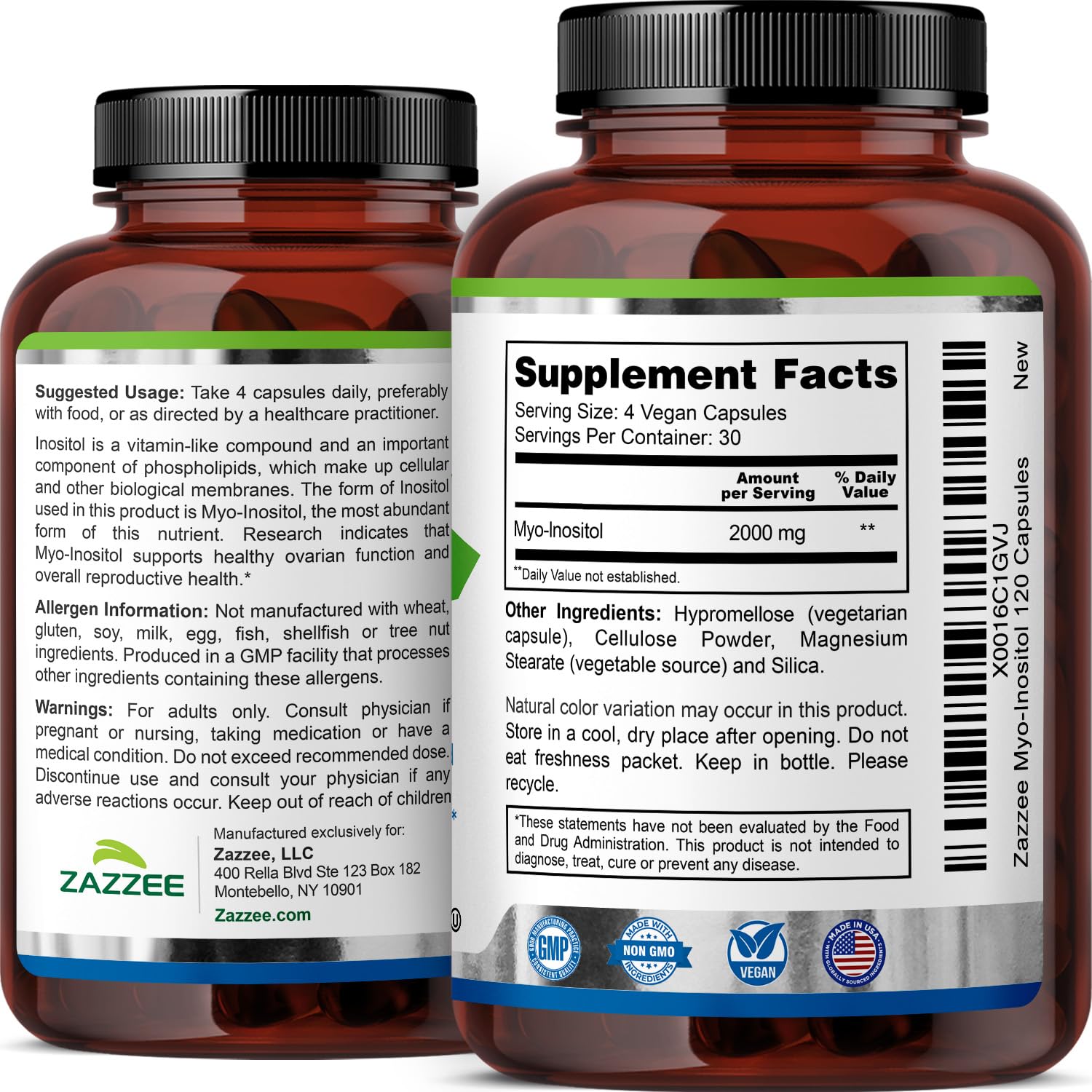 Zazzee Myo-Inositol Capsules, 2000 mg per Serving, 120 Vegan Capsules, Ideal Dosage for 40:1 Ratio, Certified Kosher, Hormone Balance & Healthy Ovarian - Maple Wellness Supplements