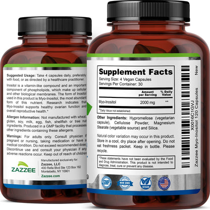Zazzee Myo-Inositol Capsules, 2000 mg per Serving, 120 Vegan Capsules, Ideal Dosage for 40:1 Ratio, Certified Kosher, Hormone Balance & Healthy Ovarian - Maple Wellness Supplements
